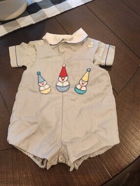 Vintage Embroidered Clown Baby Boy's Shortalls Set with Matching Striped Shirt